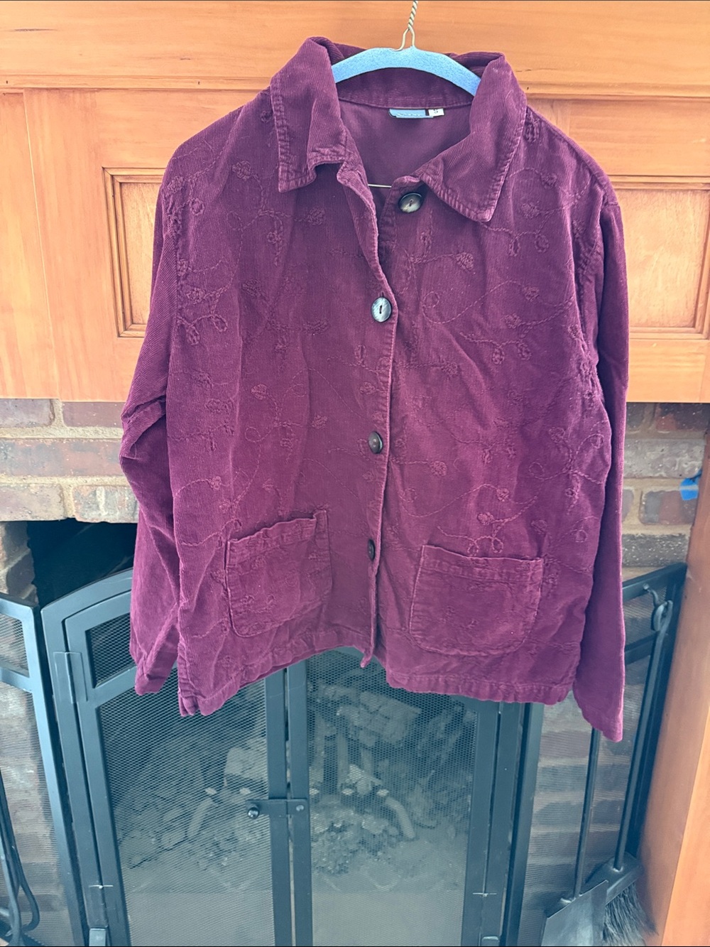 VTG Burgundy Plum IVY Corduroy Button-Up Chore Jacket Embroidered Floral S